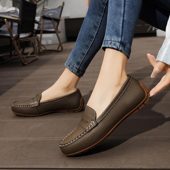 Kordal Women's Khaki Leather Comfortable & Lightweight Penny Loafers Flats - Picture 7 of 9
